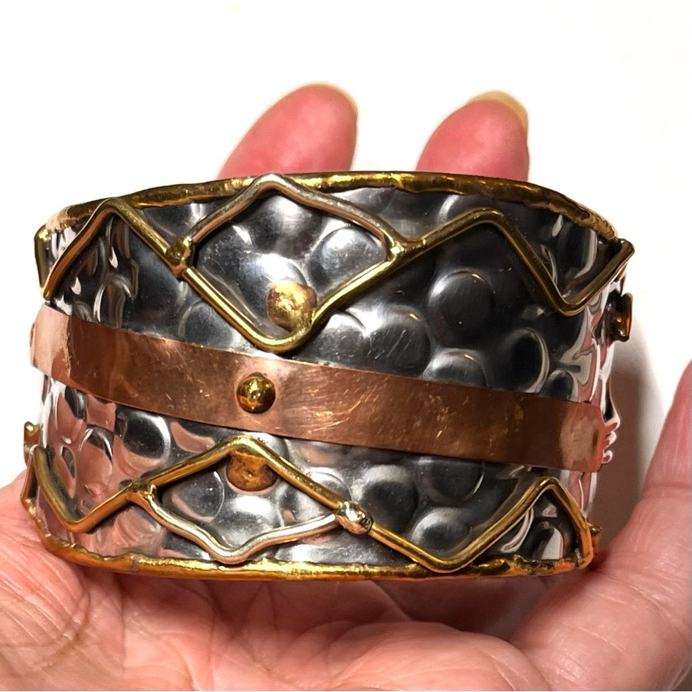 Mixed Metal Cuff Bracelet Hammered Hand Forged Wide Tapered Adjustable Riveted